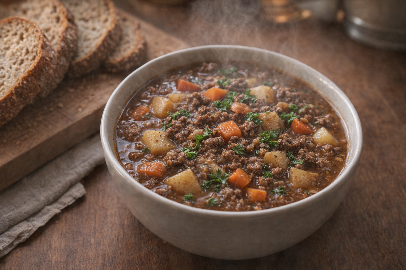 A top-down, eye-level shot of a steaming bowl of ground venison stew, garnished with fresh parsley, rustic bread in the background, warm, inviting lighting
